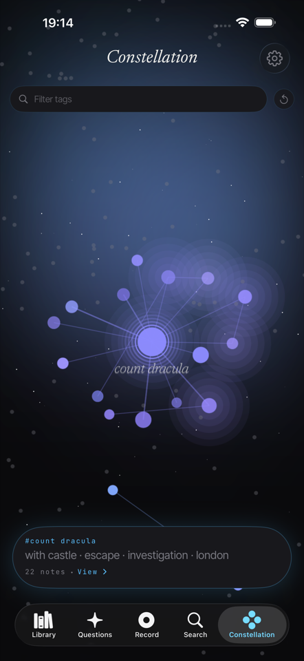 Constellation, themes clustering across recordings