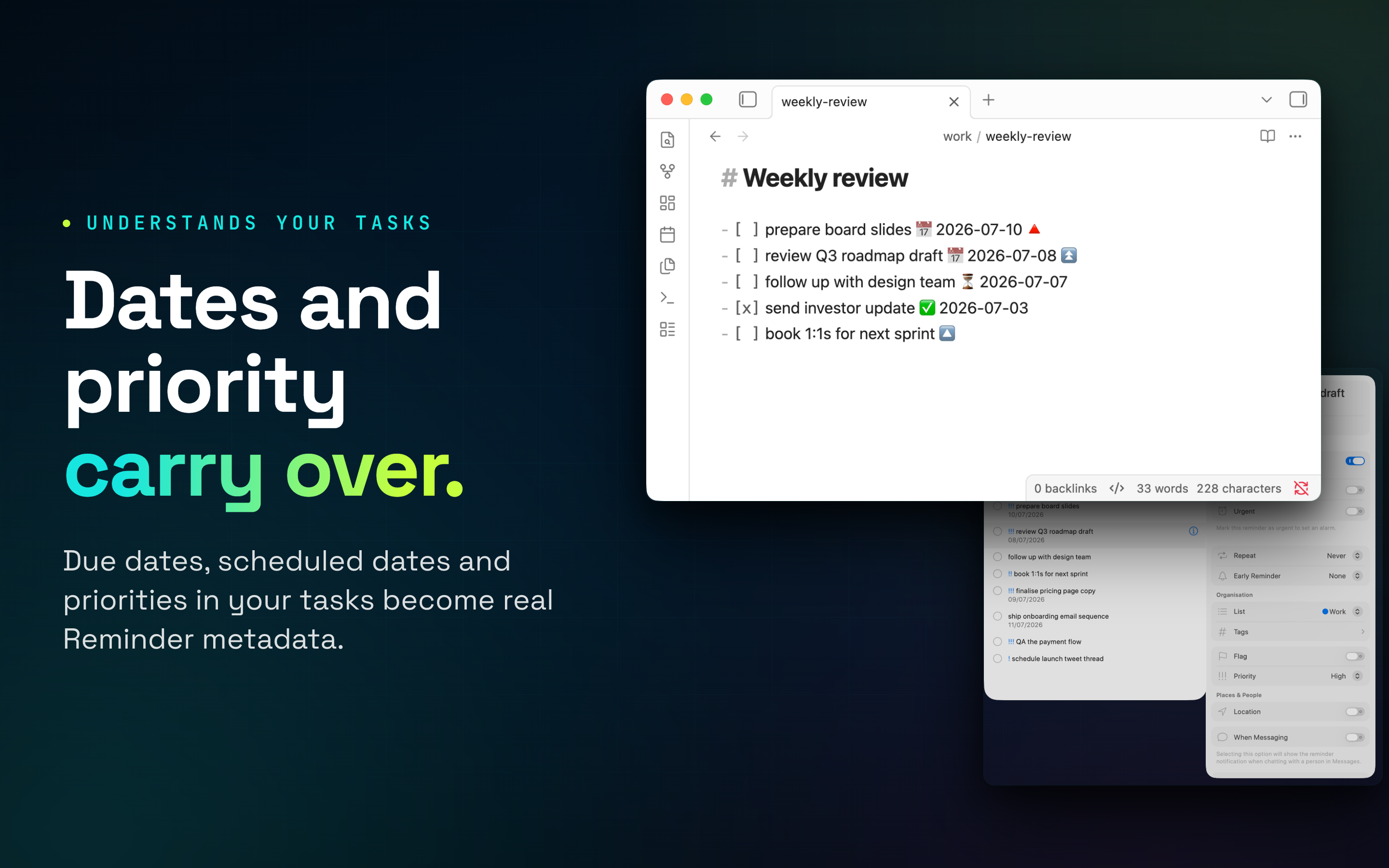 Due dates and priorities from a Markdown note carried into Apple Reminders