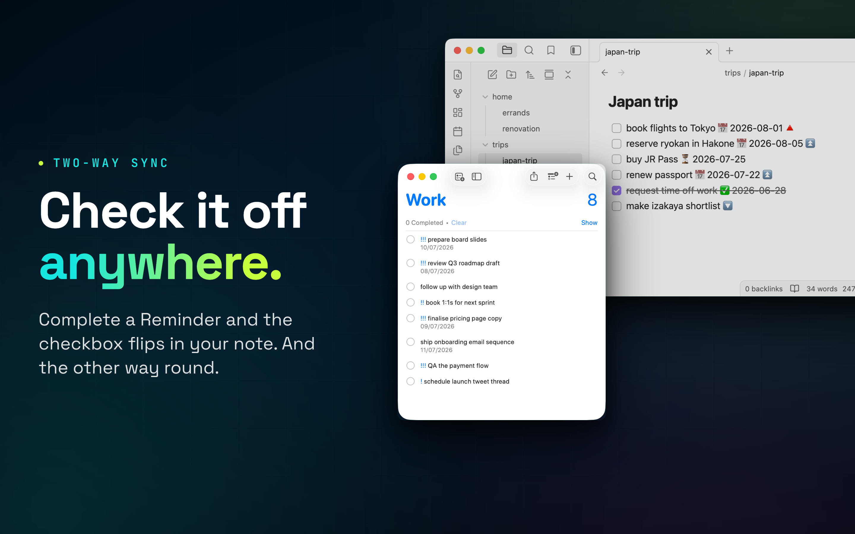 Obsidian and Apple Reminders showing the same task list, synced two ways