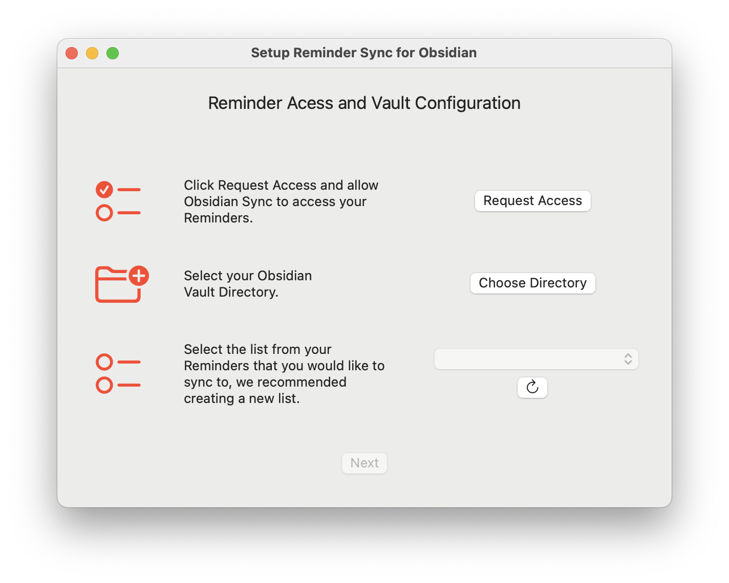 Screenshot of Setup Wizard in incomplete state
