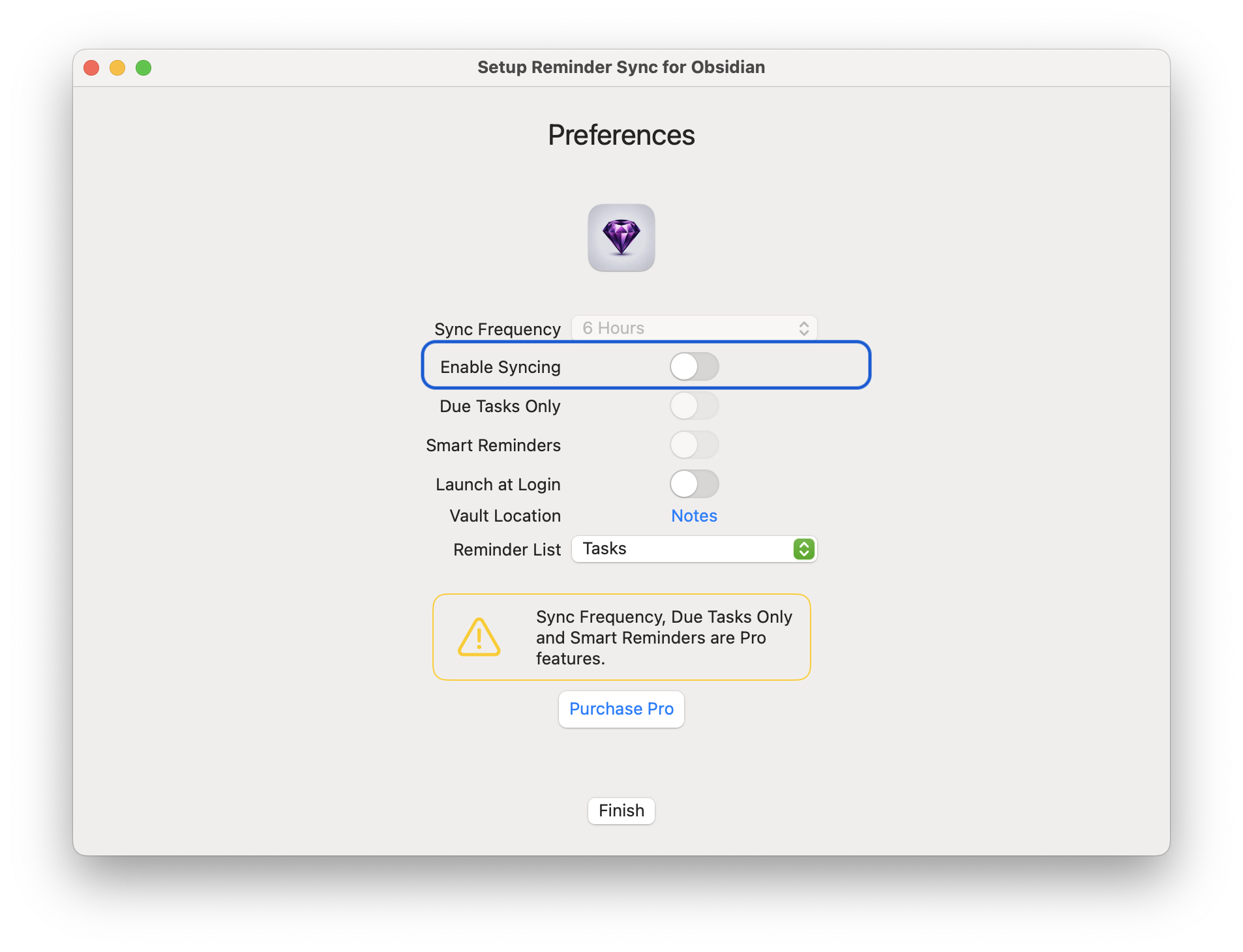Screenshot of Setup Wizard settings view